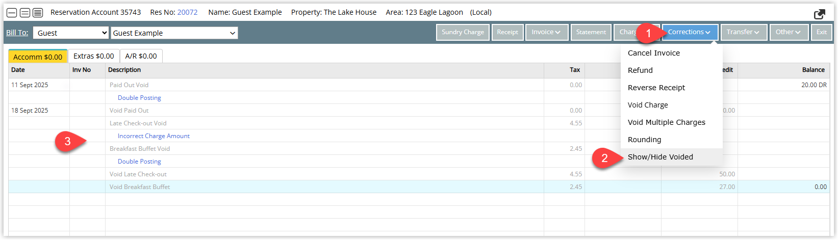 Annotated screenshot of the Reservation Account screen in RMS showing the Corrections menu expanded with the Show/Hide Voided option highlighted, displaying voided charge transactions