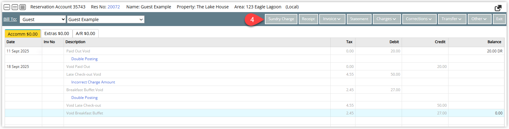 Annotated screenshot of the Reservation Account screen in RMS showing voided charges and their corresponding double-posting entries, with the Sundry Charge button highlighted