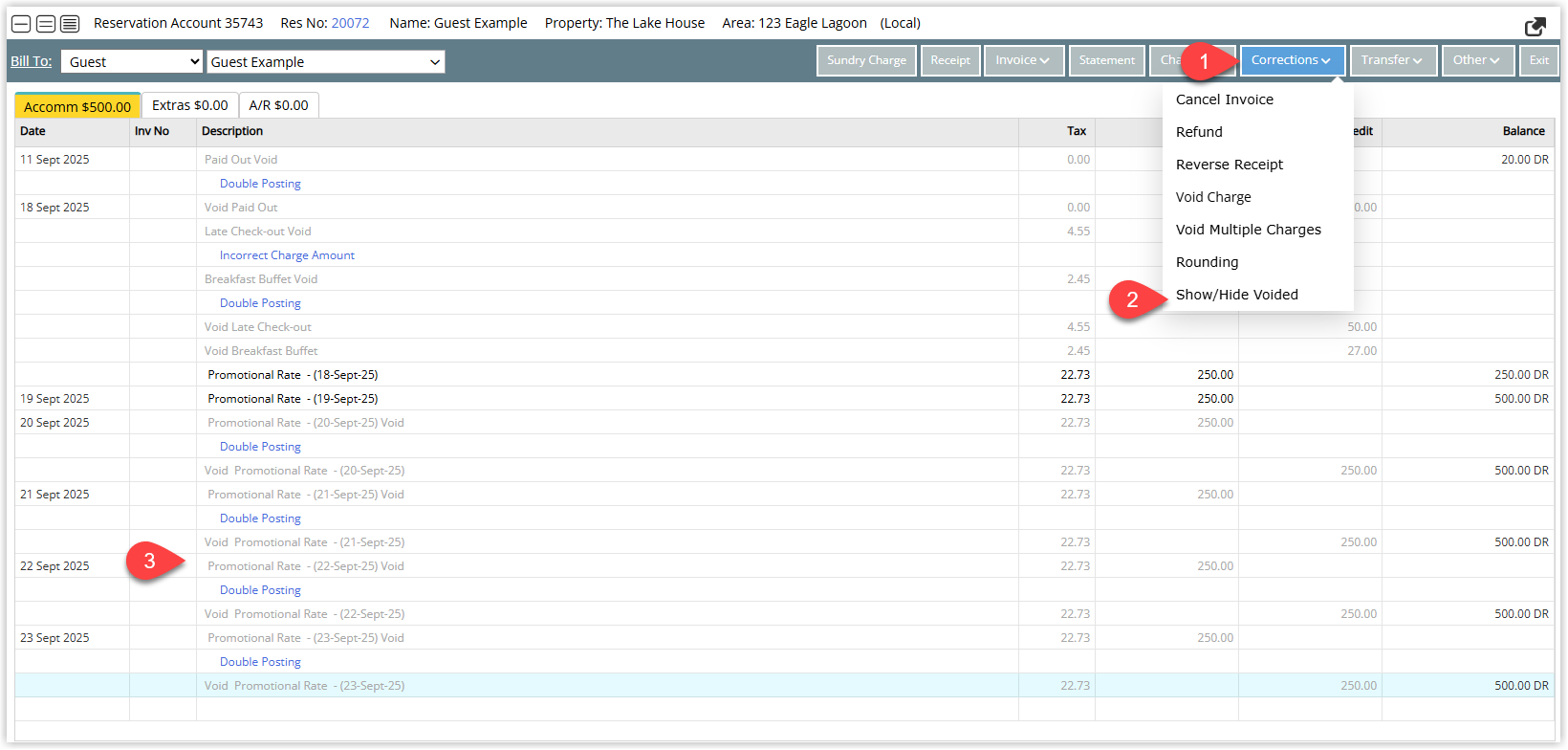 Annotated screenshot of the Reservation Account screen in RMS showing the Corrections menu expanded with Show/Hide Voided highlighted, displaying accommodation rate charges alongside their voided counterparts