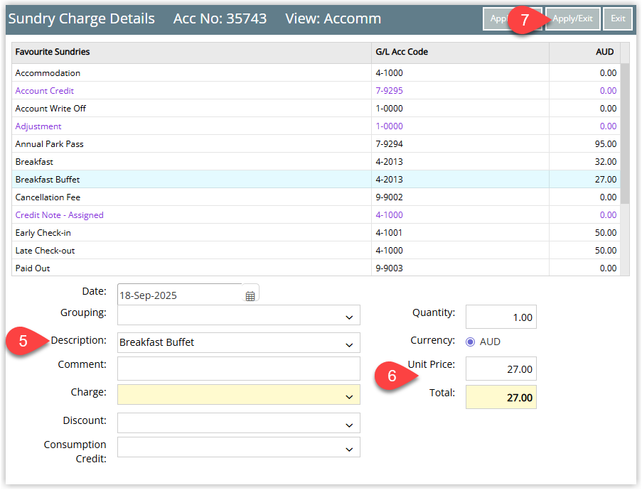 Annotated screenshot of the Sundry Charge Details screen in RMS showing the Description and Unit Price fields highlighted for adding a replacement charge