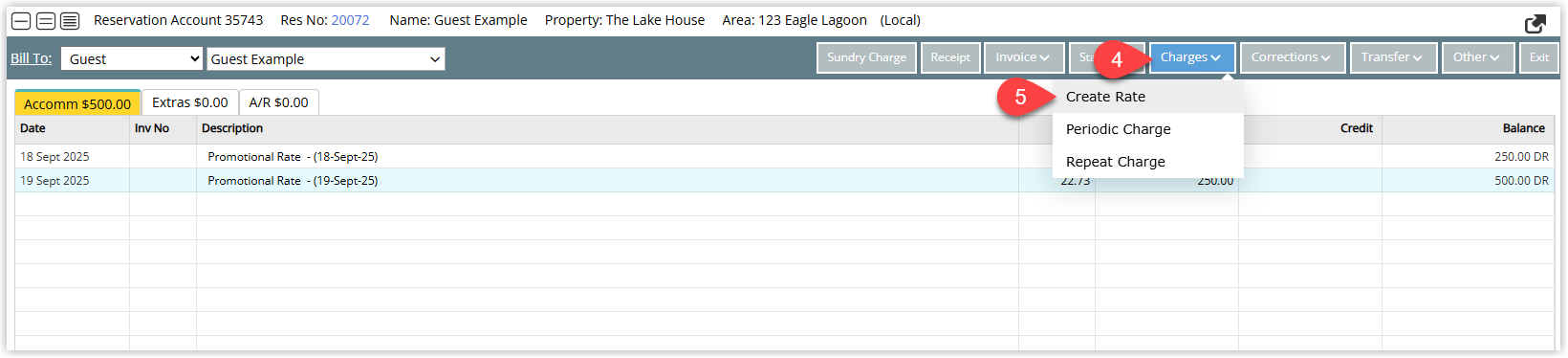 Annotated screenshot of the Reservation Account screen in RMS showing the Charges menu expanded with Create Rate, Periodic Charge, and Repeat Charge options