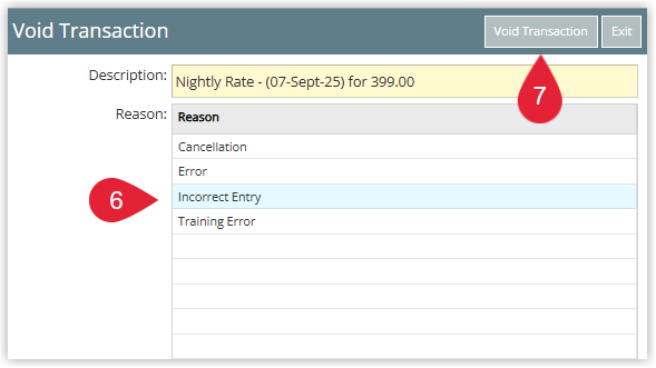 Annotated screenshot of the Void Transaction dialog in RMS showing the reason list with Incorrect Entry selected and the Void Transaction button highlighted