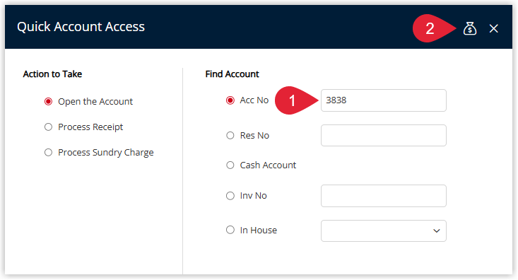 Annotated screenshot of the Quick Account Access dialog in RMS showing Open the Account selected with an account number entered in the Acc No field