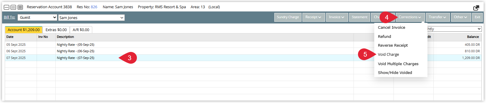 Annotated screenshot of the Reservation Account screen in RMS showing a nightly rate charge selected with the Corrections menu expanded and the Void Charge option highlighted