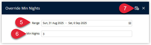 Annotated screenshot of the Override Min Nights dialog in RMS showing the date Range and Min Nights fields with the save button highlighted