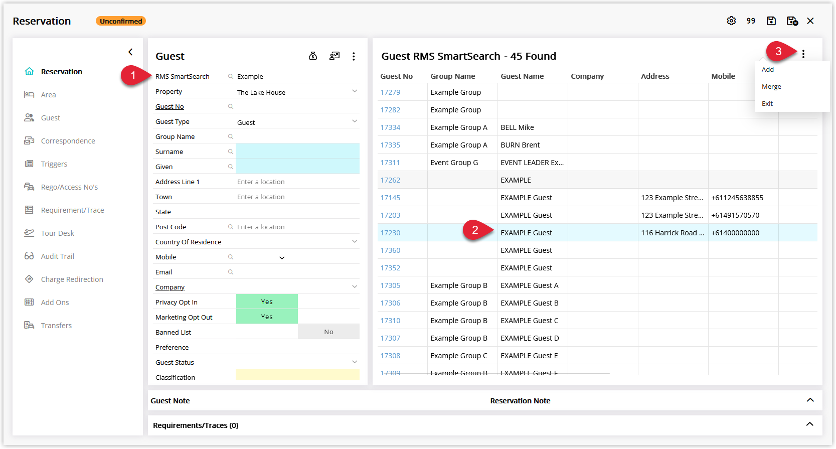 Make Reservation screen in RMS showing the Smart Search field populated with guest details and a dropdown list of matching Guest Profiles, with one profile highlighted to be selected and inserted into the reservation