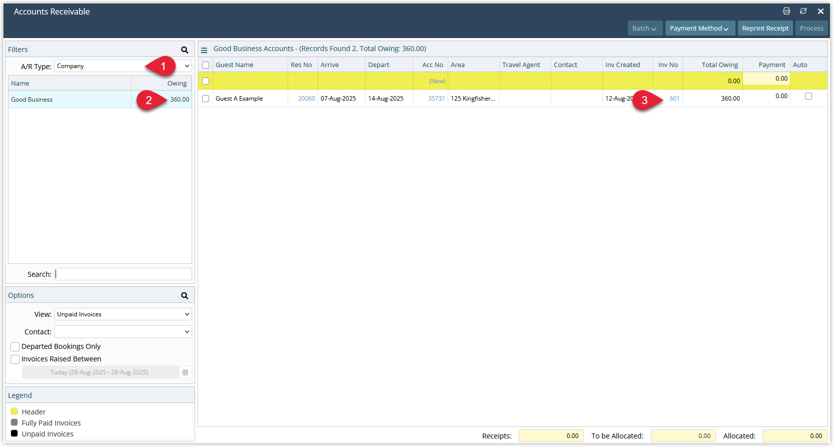 RMS Accounts Receivable screen showing a list of outstanding accounts for Companies, Travel Agents, or Wholesalers with columns including Tax Invoice Number, and one invoice number selected to open the detailed tax invoice view.