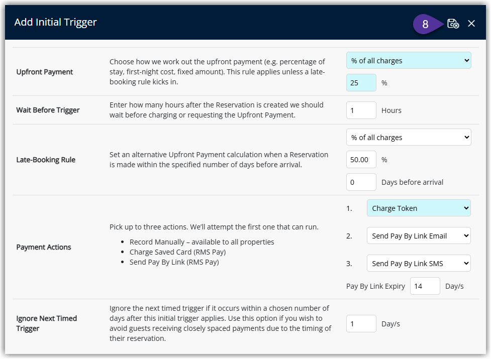 Payment Schedule Template Triggers tab showing the newly created Initial Trigger listed with its description timing and payment actions with the Save Exit button highlighted.