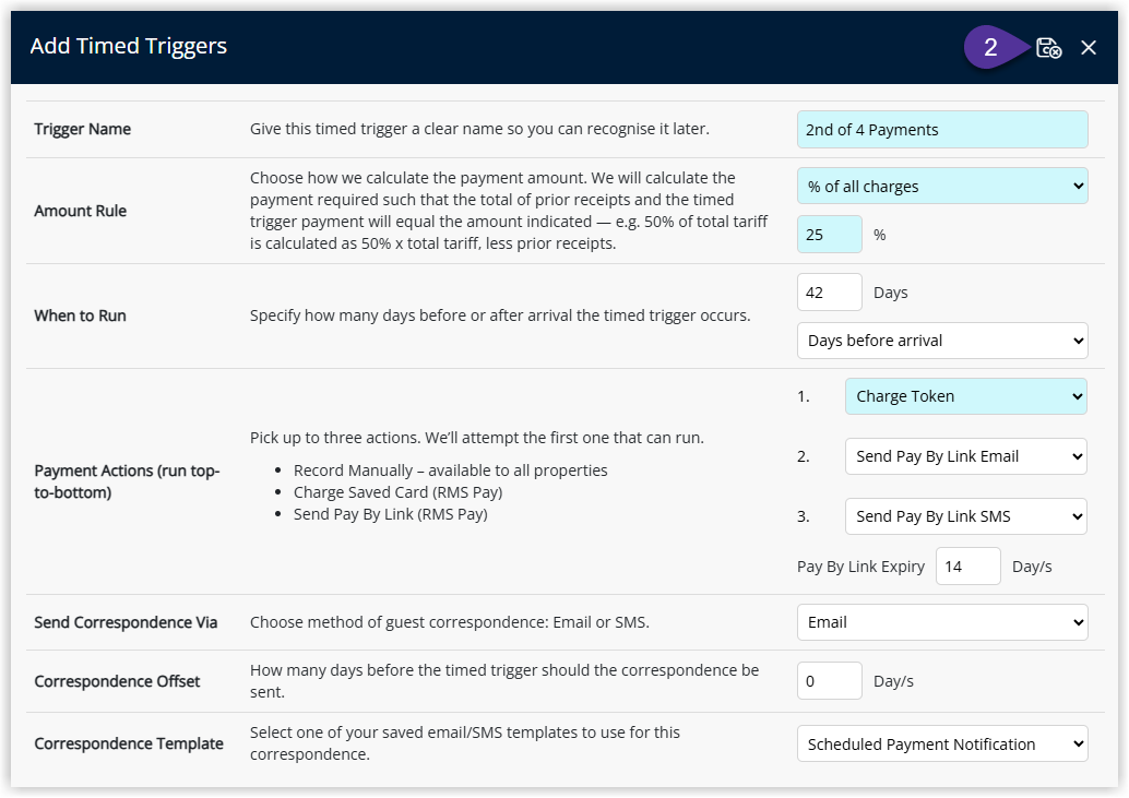 Triggers list showing both the Initial Trigger and a Timed Trigger with their names timing rules and payment methods and the Save Exit button highlighted.