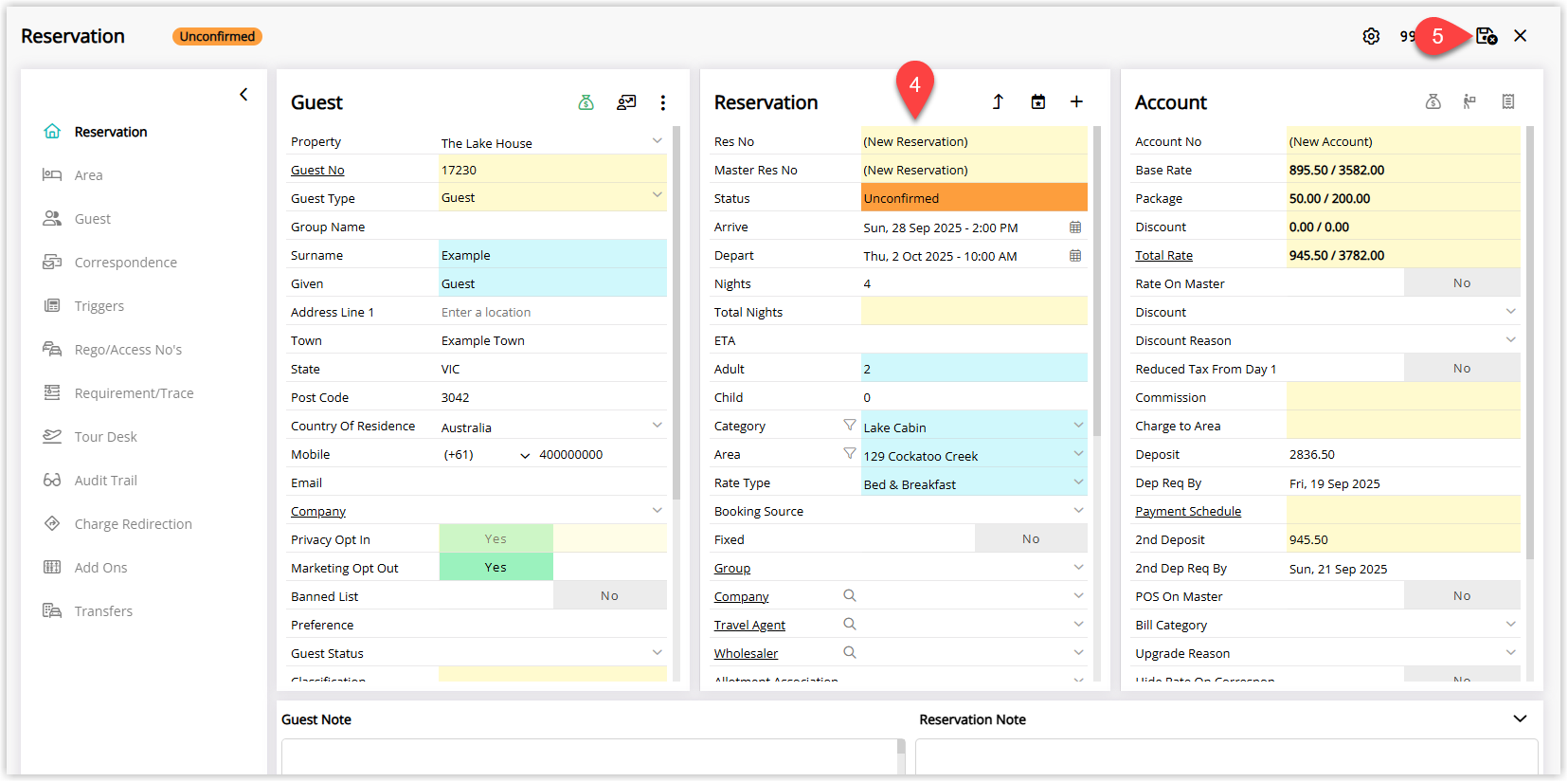 Reservation screen in RMS with Guest Details automatically populated from the selected Guest Profile and reservation fields such as dates, category and rate completed, with the Save/Exit button highlighted to create the reservation