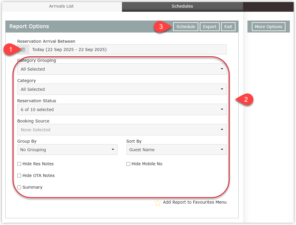 Screenshot of an RMS report build screen showing Date Option presets, Report Options fields and the Schedule button highlighted to open the Scheduled Report setup for the selected report.