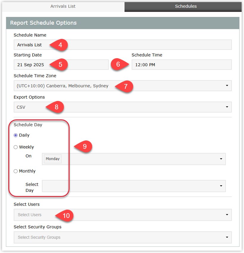 Screenshot of the Scheduled Report setup window in RMS showing fields for Schedule Name, Start Date, Send Time, Time Zone, Export Option set to CSV, Frequency and recipient selection for Users or Security Profiles, with the Save button highlighted.