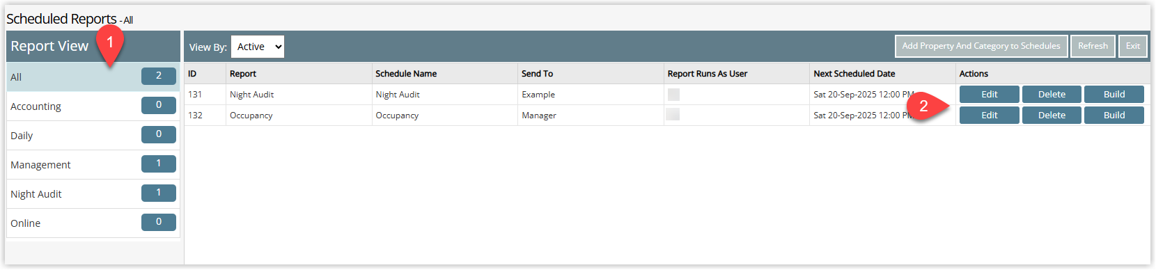 Screenshot of the Scheduled Reports screen in RMS showing a list of existing scheduled reports with columns for report name, frequency, format and next run, and action icons to edit, modify properties or categories, or delete a scheduled report.