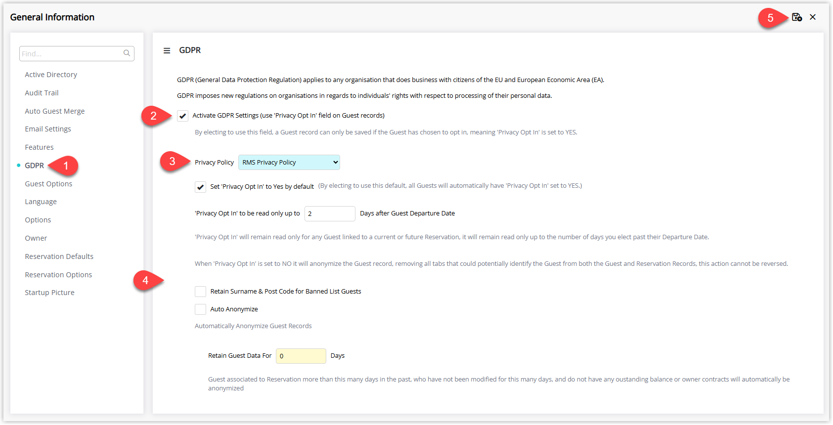 Property General Information screen in RMS open on the GDPR tab showing the Activate GDPR checkbox ticked a dropdown to select the property’s Privacy Policy additional GDPR options selected and the Save Exit button highlighted.