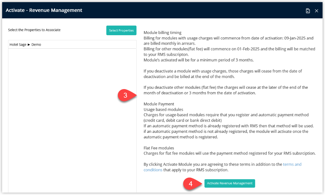 Hotel RevBoost activation screen in RMS displaying a link to the RMS Terms & Conditions and a Revenue Management button to confirm activation of the HotelRevBoost module.