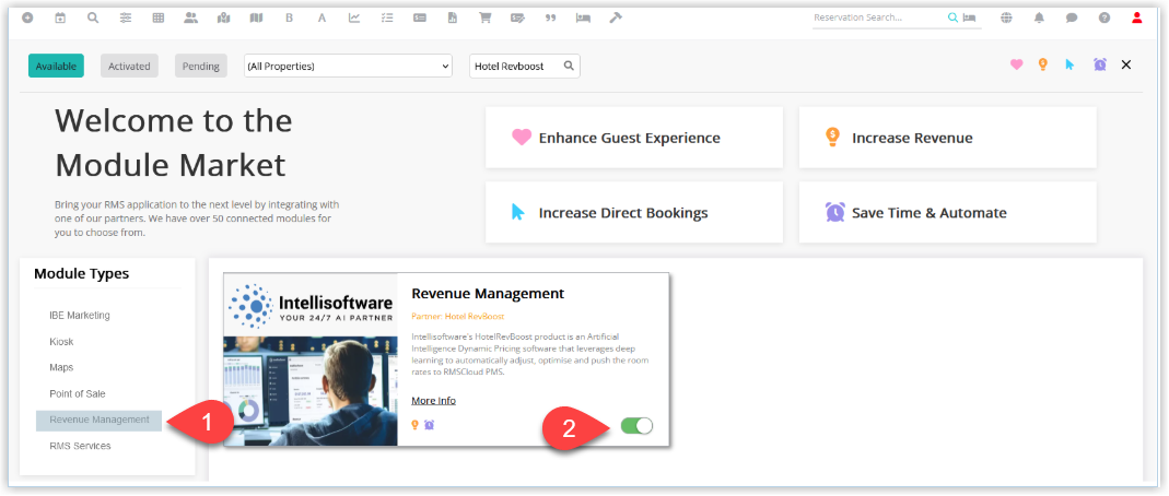 Module Market screen in RMS filtered to Revenue Management modules, showing the Hotel RevBoost tile with an activation toggle used to enable the integration.
