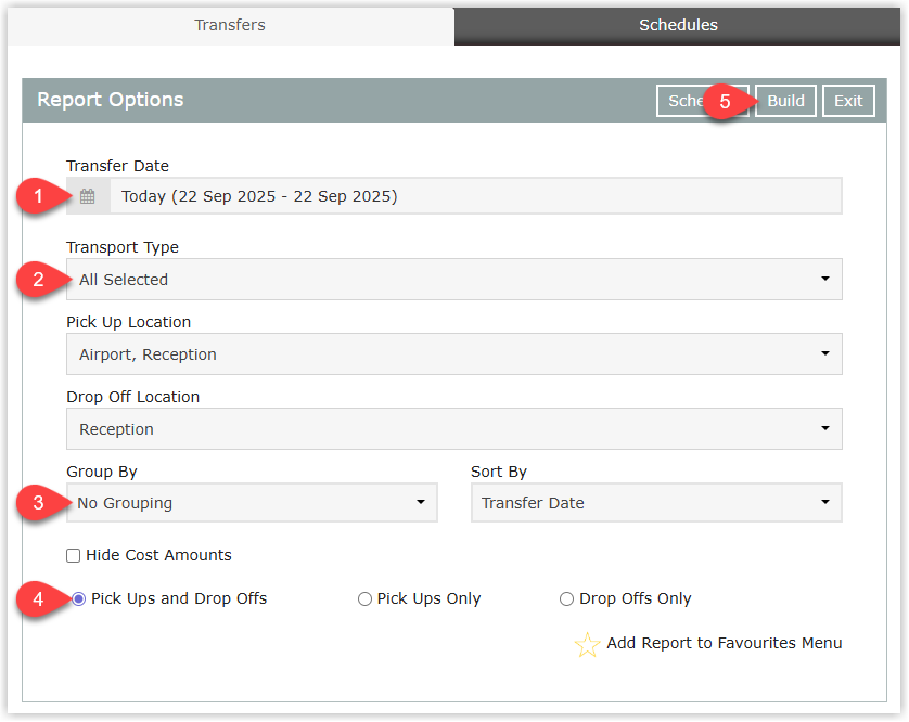 Screenshot of the Guest Transfers report criteria screen in RMS showing fields for Date Range, Transport Type, optional Pick Up and Drop Off Locations, Group By and optional Hide Cost Amounts, plus a Transfers Type selector and the Build button highlighted.