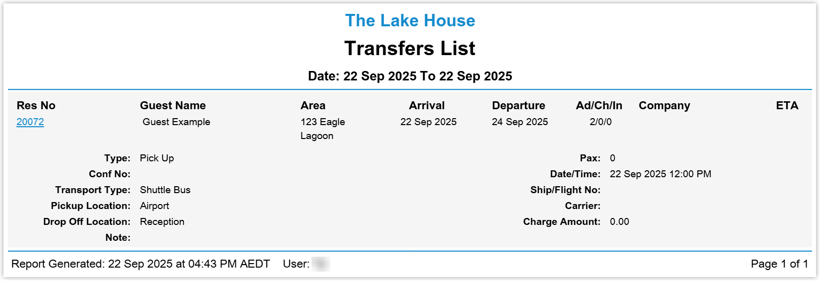 Screenshot of the Guest Transfers report in RMS listing scheduled transfers within the chosen date range, with columns such as Date, Time, Guest Name, Reservation Number, Transport Type, Pick Up Location, Drop Off Location and Cost.
