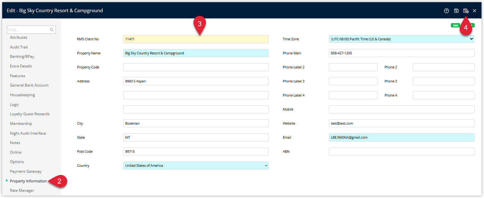 Screenshot of the Property Information screen in RMS for the Owner Record property, showing editable fields for property name, address and contact details, with the Save/Exit button highlighted to confirm the changes before converting to a single property.