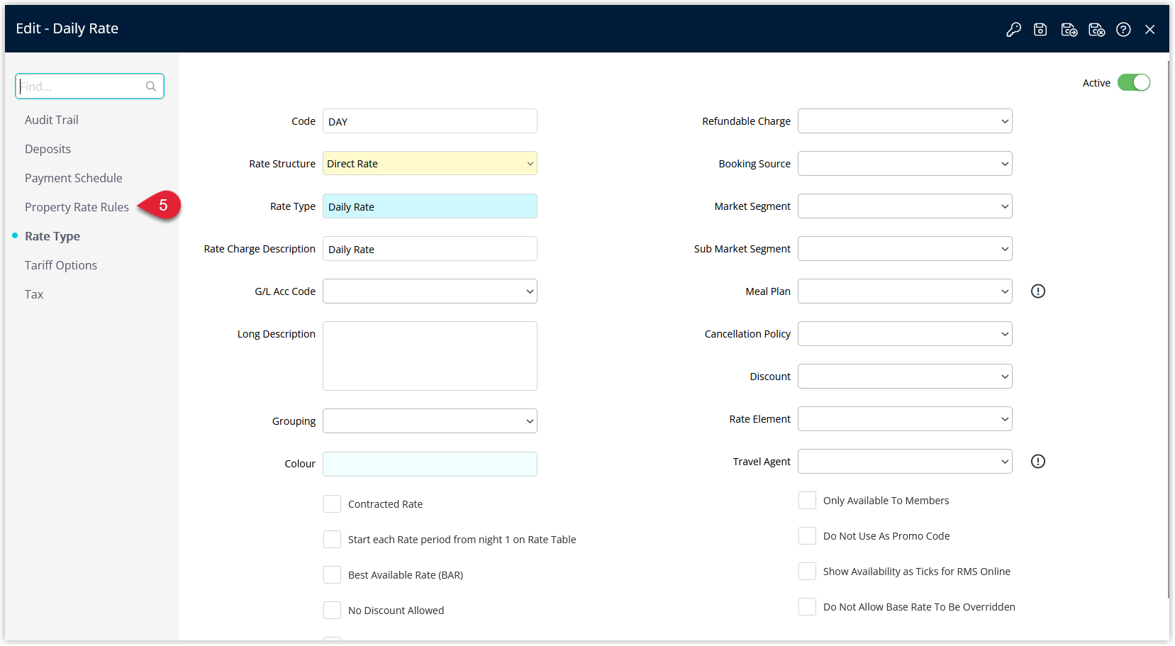 Annotated screenshot of the Edit Rate Type window in RMS with the Property Rate Rules menu highlighted
