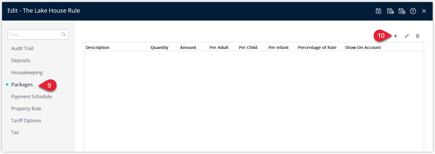 Annotated screenshot of the property rule Packages tab in RMS with the Add icon highlighted