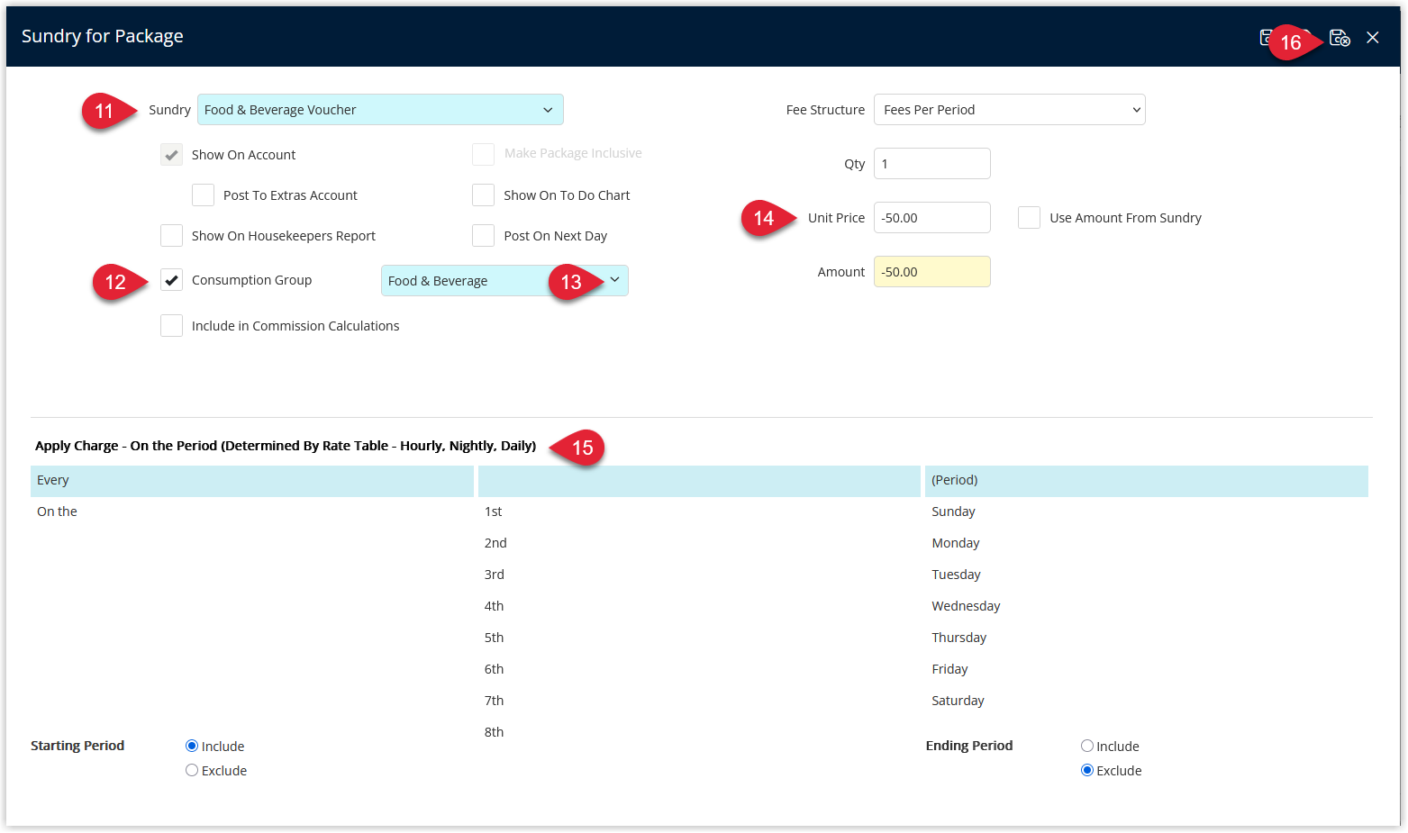 Annotated screenshot of the Sundry for Package window in RMS with the Sundry, Consumption Group, consumption group type, Unit Price, and Apply Charge settings highlighted