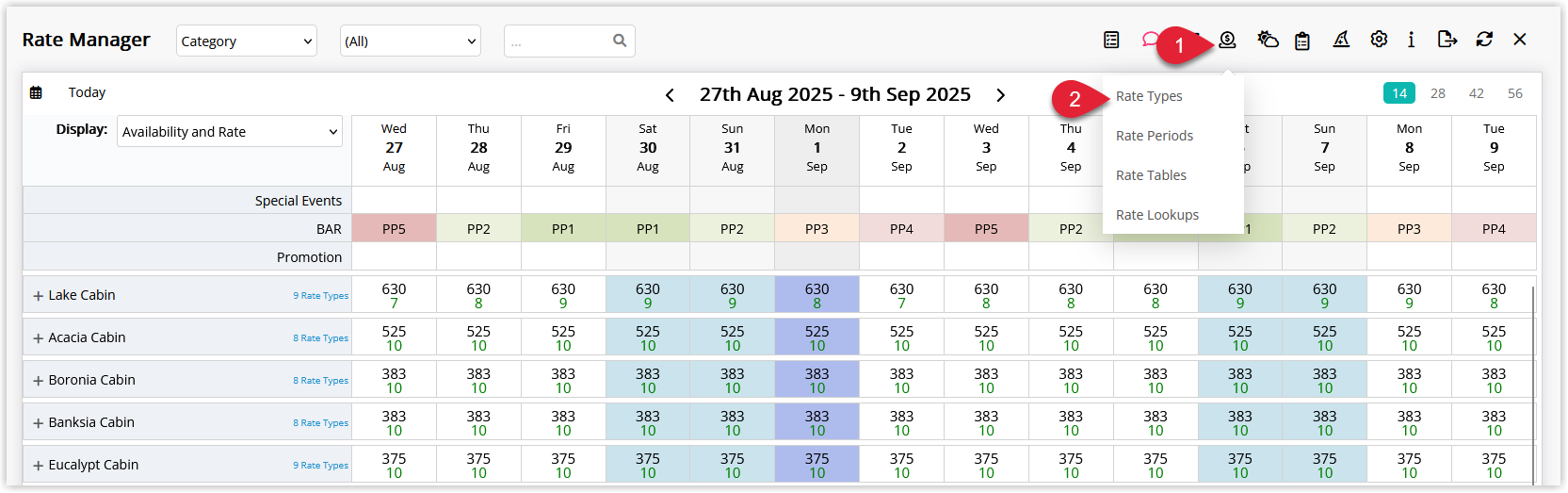 Annotated screenshot of the Rate Manager in RMS with the Rates menu open and Rate Types highlighted