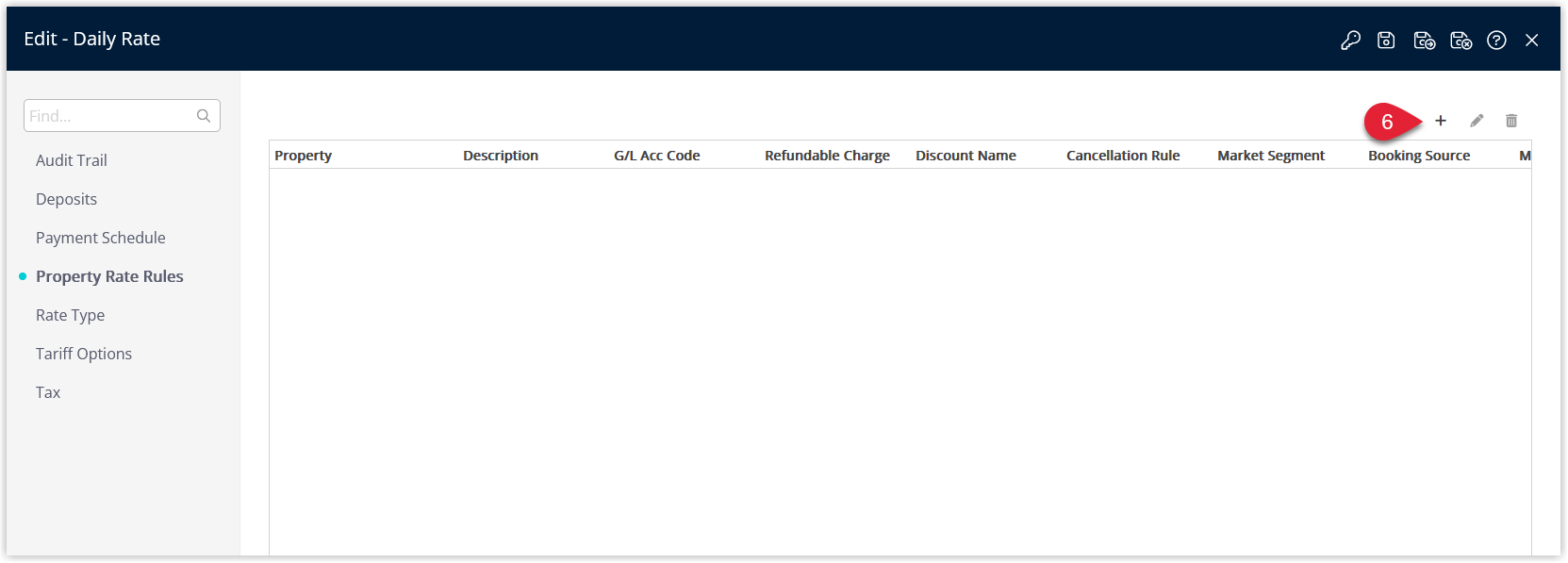 Annotated screenshot of the Property Rate Rules tab in RMS with the Add icon highlighted