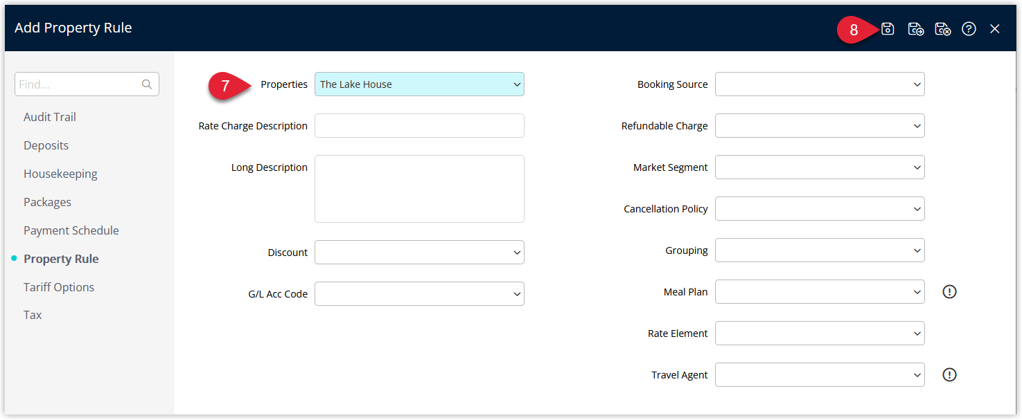 Annotated screenshot of the Add Property Rule window in RMS with the Properties dropdown and the Save icon highlighted