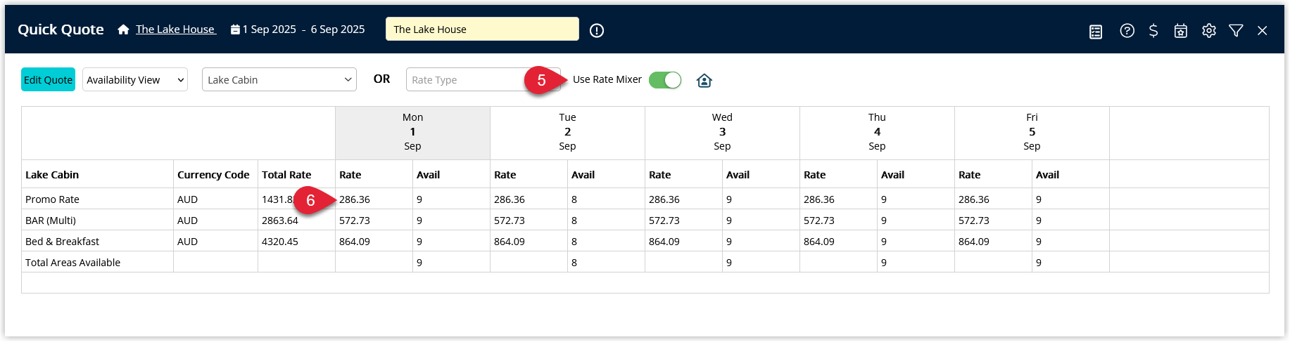 RMS Quick Quote Availability View with the Rate Mixer toggle switched on, displaying a grid of stay dates where a separate Rate Type dropdown is available for each night.