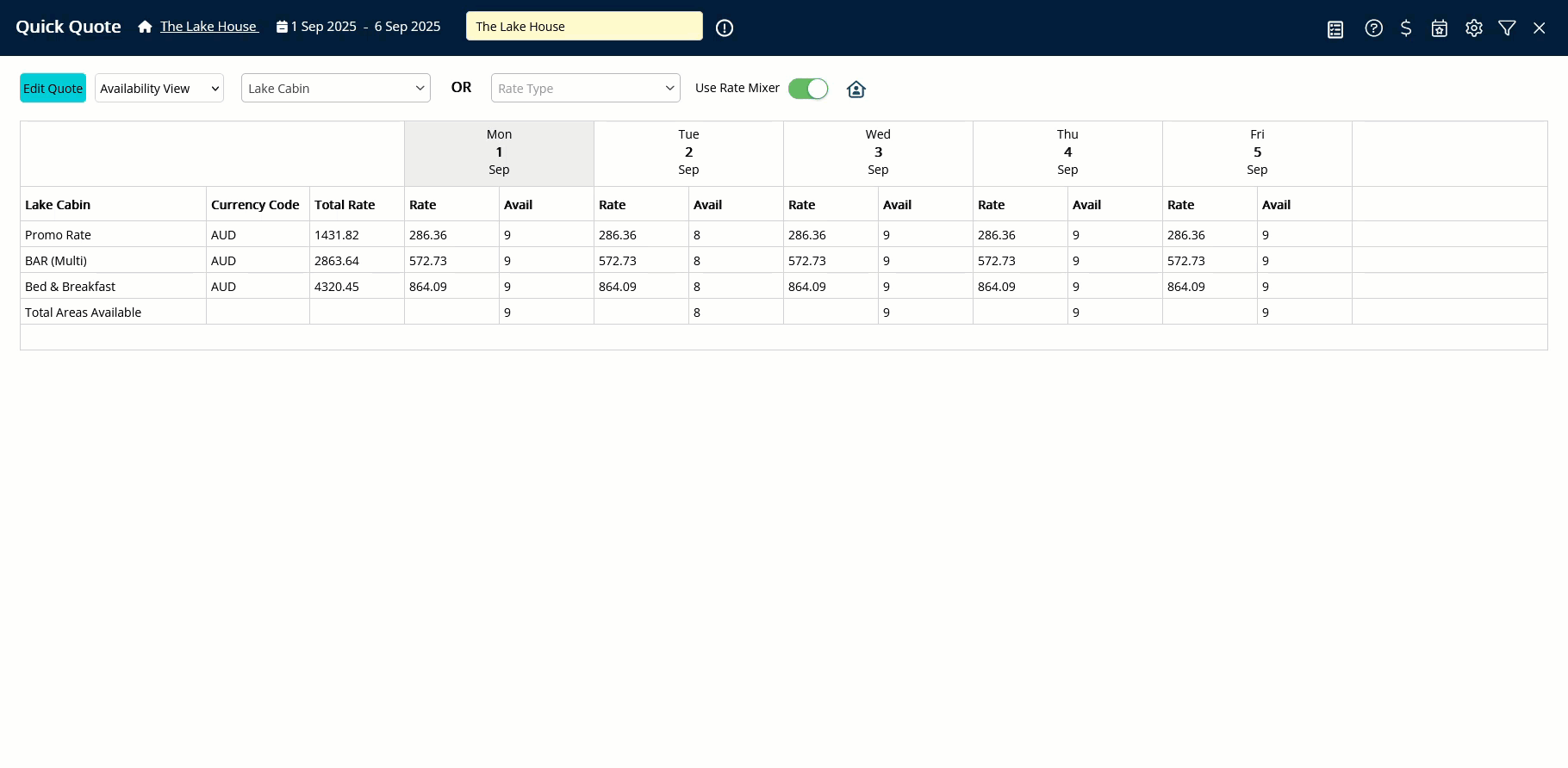 RMS Quick Quote Rate Mixer view showing multiple reservation dates with different Rate Types selected for individual nights to create a mixed rate reservation.