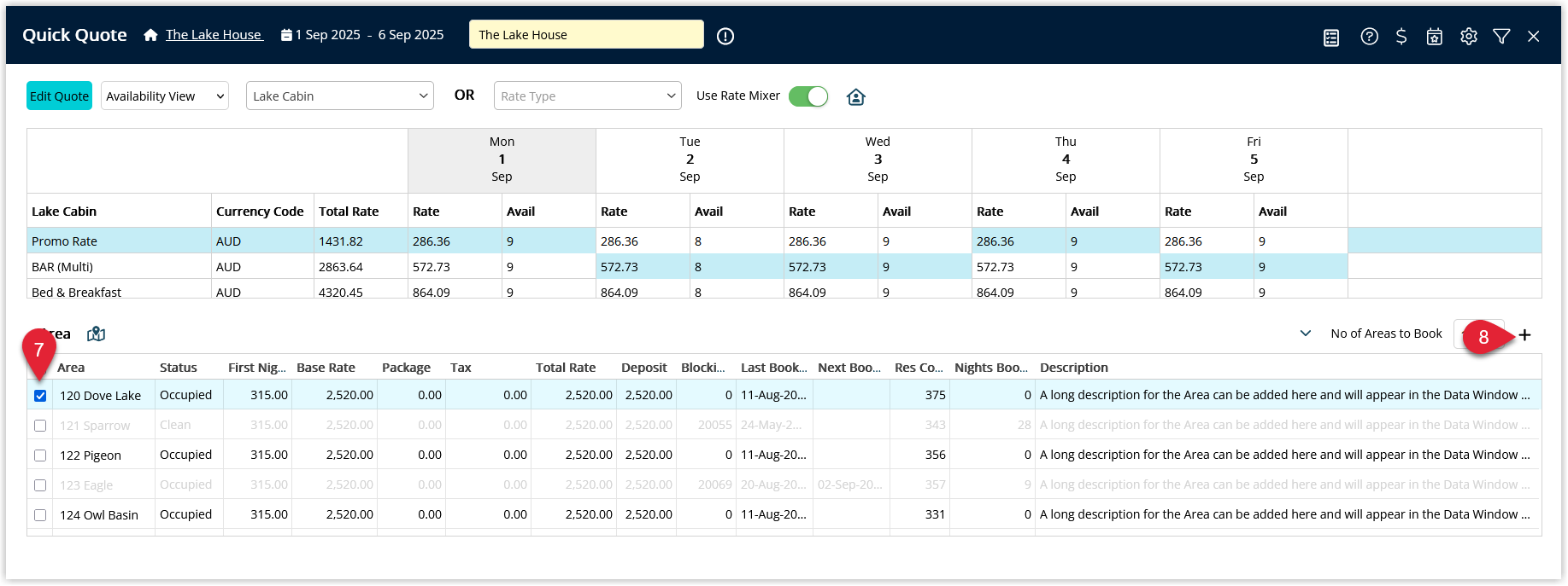 RMS Quick Quote Availability View showing an area selected to book with mixed rates applied and the Add to Reservation icon clicked to start creating the reservation.