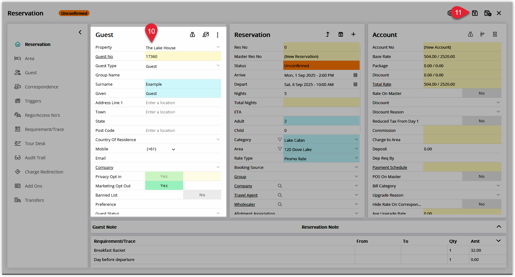 RMS Reservation screen for a new mixed rate booking showing guest details, stay dates, and the Save/Exit button selected to create the reservation.