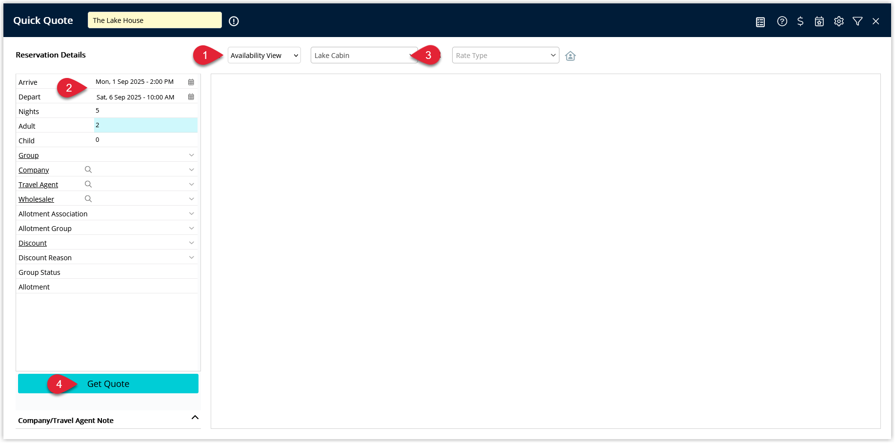 RMS Quick Quote screen in Availability View showing search criteria completed, a category selected, and the Get Quote button clicked to display available rates across the stay dates.