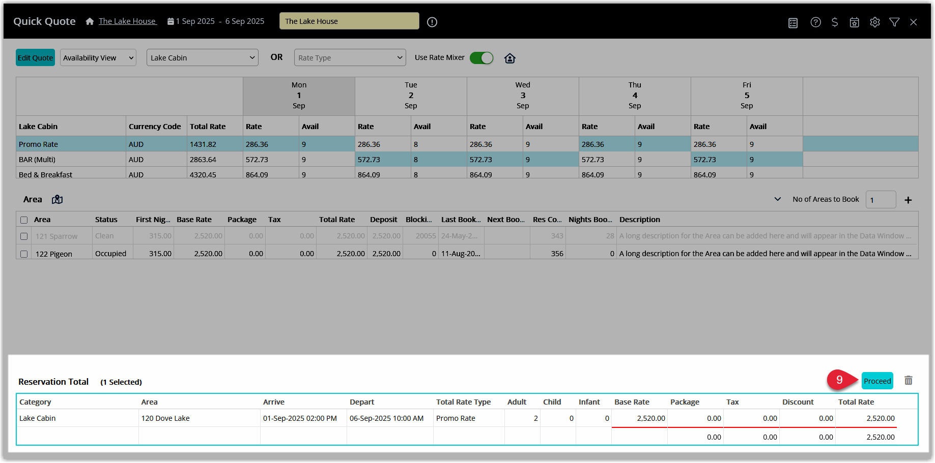 RMS Quick Quote confirmation window summarising the selected area, dates, and mixed rates with a Proceed button highlighted to continue to the reservation details.