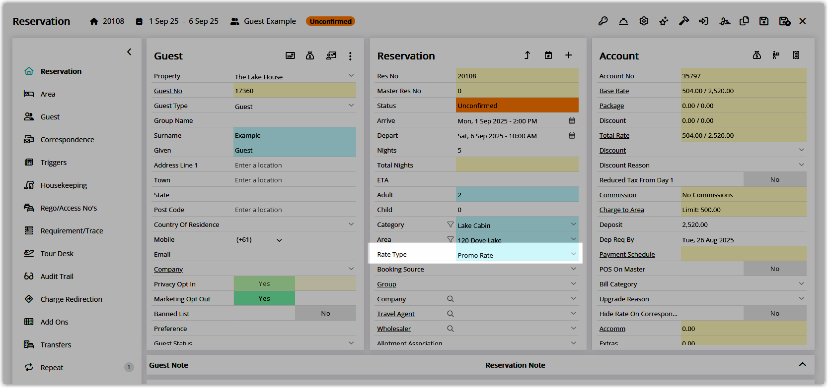 RMS Reservation header showing a single Rate Type field populated with the Rate Type used on the first night, even though multiple Rate Types are used across the stay.