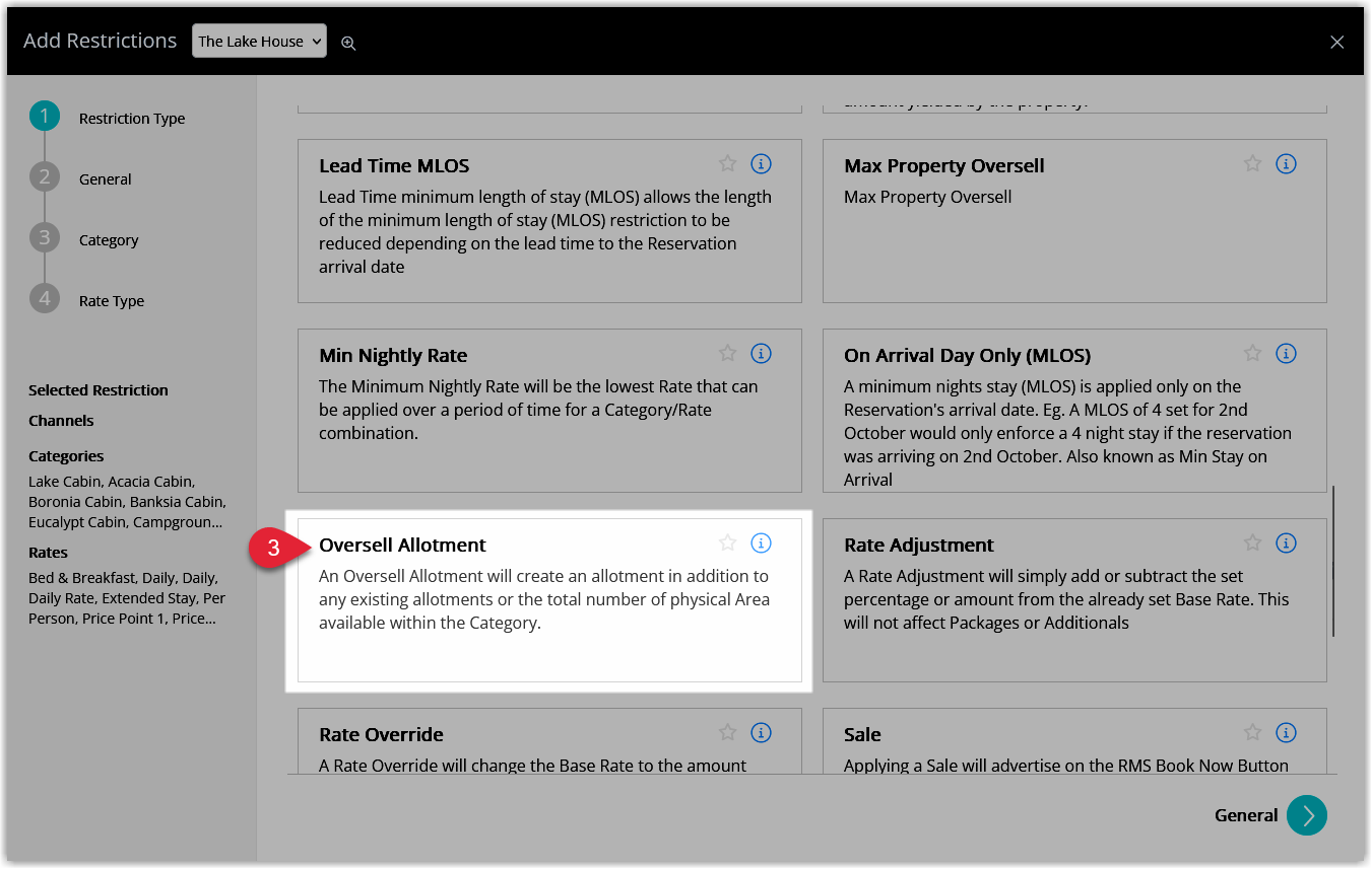 Screenshot of the new restriction setup screen in RMS showing the Restriction Type dropdown with Oversell Allotment selected.