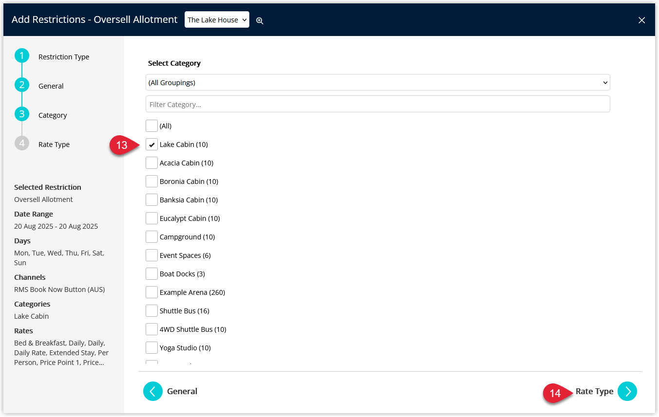 Screenshot of the Oversell Allotment configuration screen in RMS showing Multiple Date Ranges with an Add button, checkboxes for applicable Days of the Week and a field to enter the Oversell Allotment value.