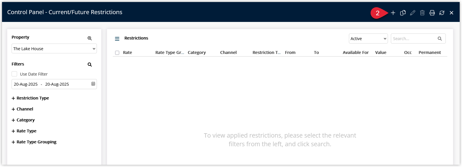 Screenshot of the Rate Manager Control Panel window in RMS showing an empty restriction list with the Add button highlighted to create a new Oversell Allotment restriction.