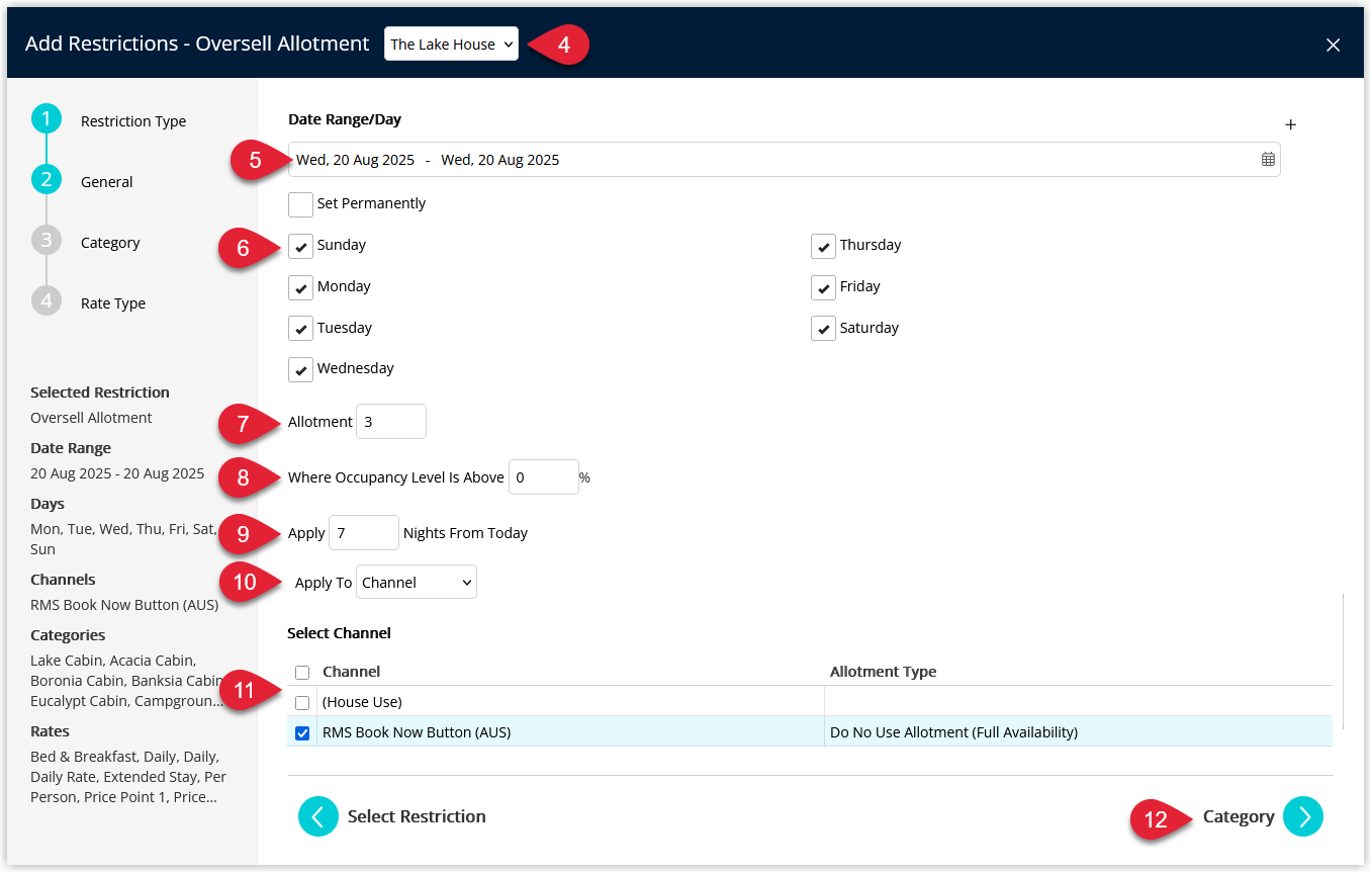 Screenshot of the Oversell Allotment setup screen in RMS showing fields to select the Property, choose a Date Range or tick Set Permanently, and a Next button to continue.