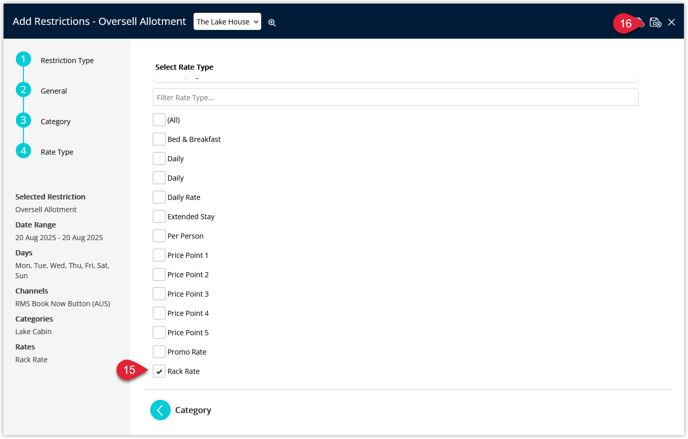 Screenshot of the Oversell Allotment configuration screen in RMS showing optional Occupancy Benchmark and Lead Time fields used to control when additional oversell inventory becomes available.