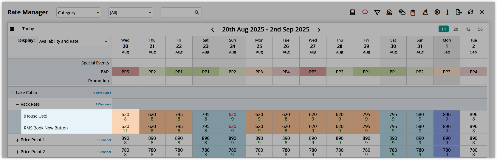 Screenshot of the Oversell Allotment wizard in RMS showing a list of Rate Types with checkboxes to select applicable Rate Types and a Save/Exit button to save the restriction and return to the Control Panel.