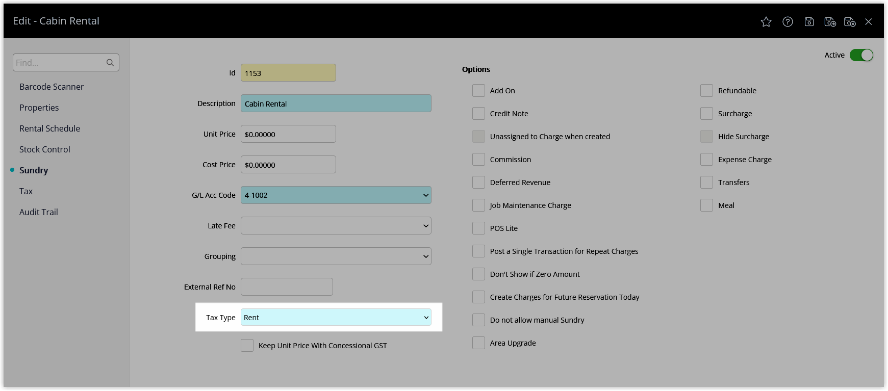 Sundry Charge detail screen in RMS showing the GST Type field set to Rent, indicating the sundry can only be used with Repeat or Periodic Charges