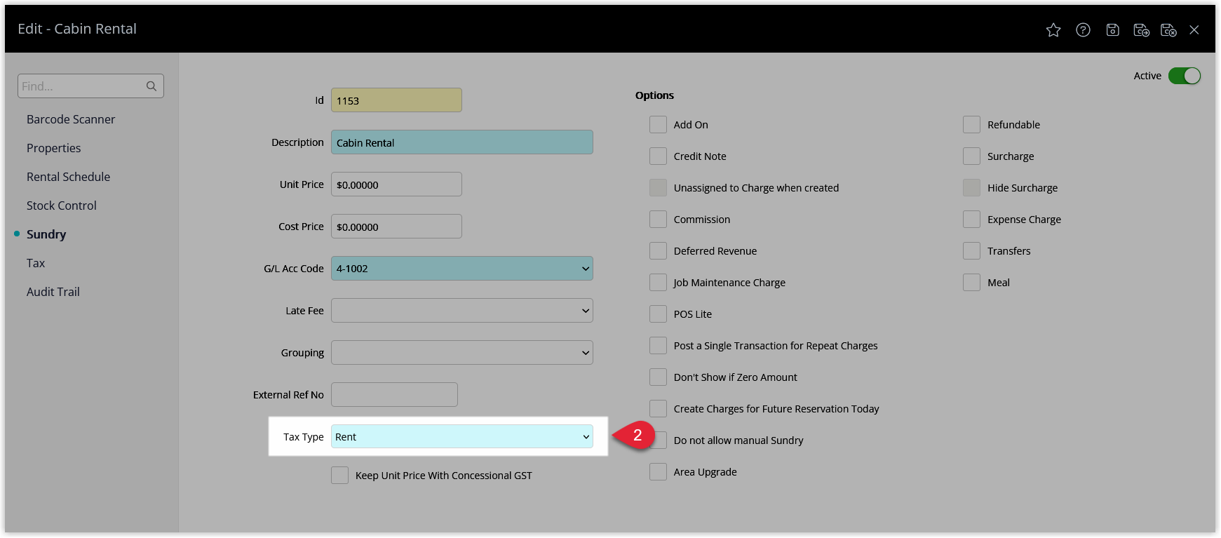 Sundry Charge detail window with the GST Tax Type dropdown expanded showing options such as Full GST Applies, GST Free and GST Divisor Override