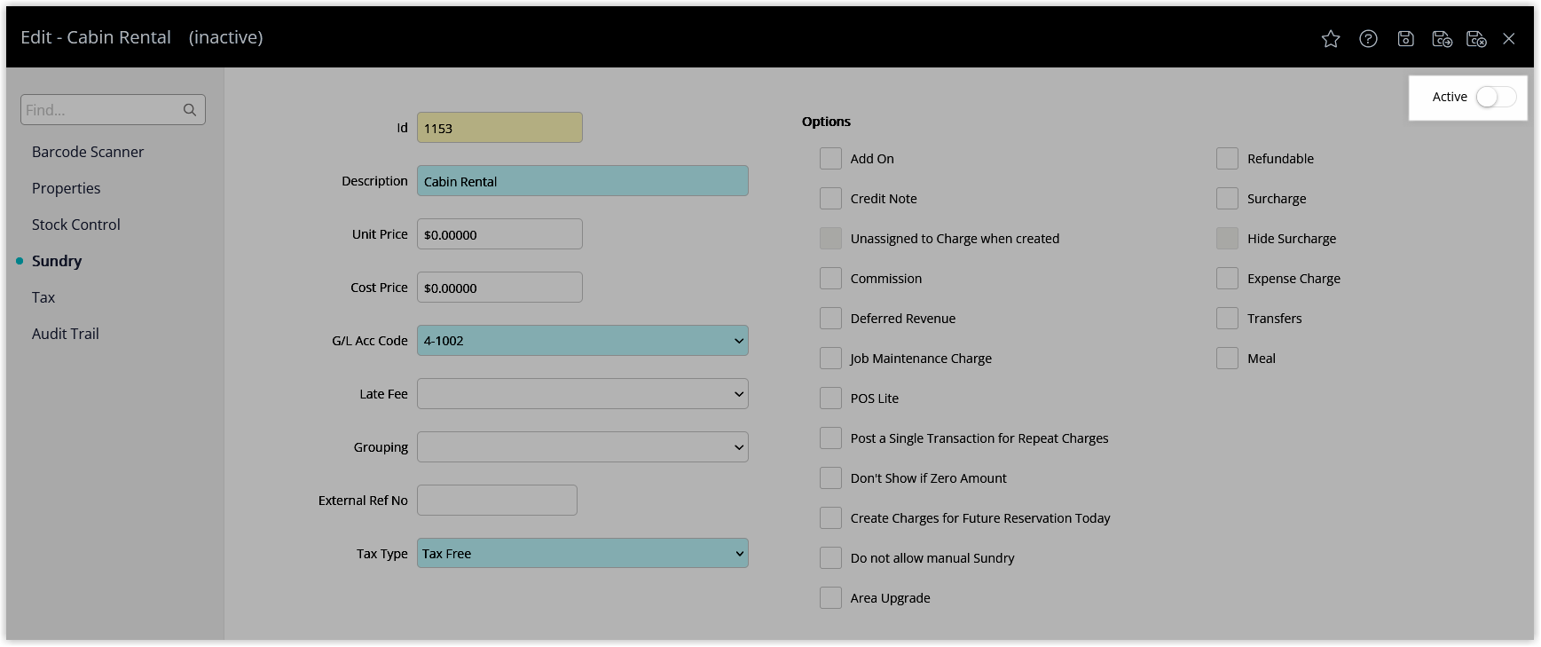 Sundry Charge detail screen displaying an Active/Inactive toggle set to Inactive so the sundry cannot be used on accounts