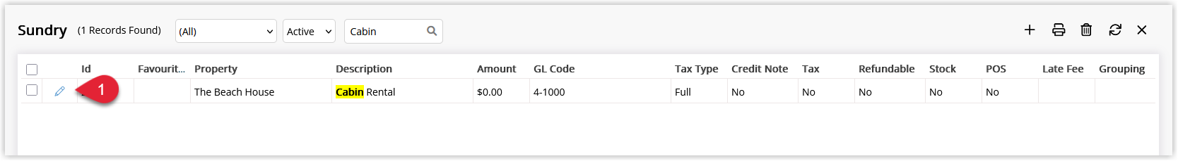 Sundry Charges list in RMS with an Edit icon available to open a sundry configured for a single property
