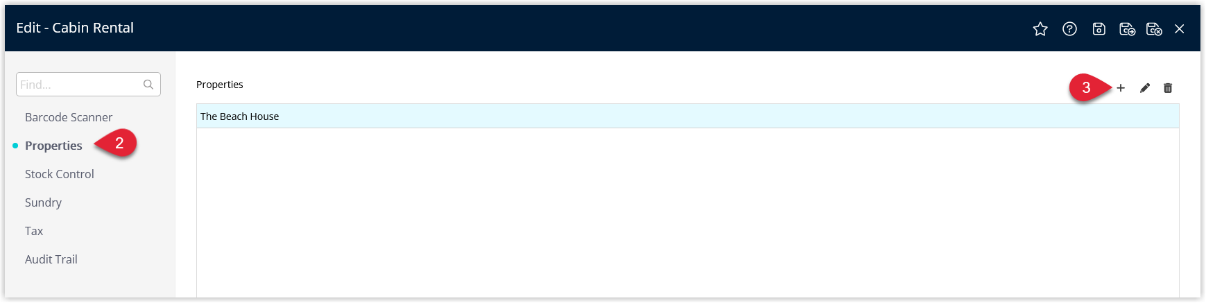 Sundry Charge Properties tab showing an Add icon to allocate additional properties to the sundry