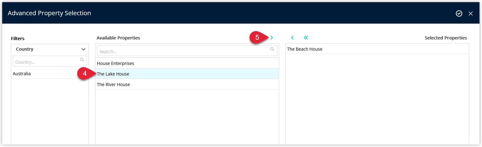 Properties allocation screen listing available properties on the left and allocated properties on the right with an Allocate arrow icon used to move a selected property into the allocated list