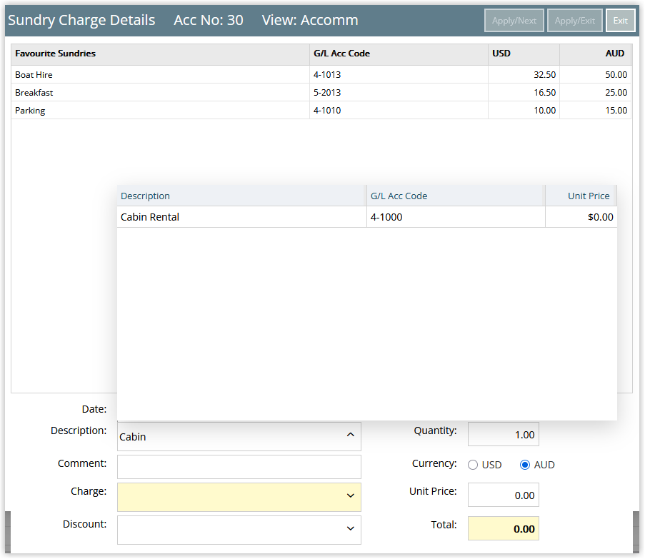 Account posting screen for a reservation at another allocated property showing the sundry charge now available in the Sundry dropdown