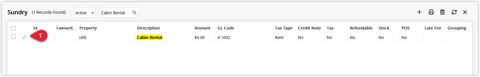 Sundry Charges list in RMS displaying existing sundries in a grid with an Edit icon next to each sundry